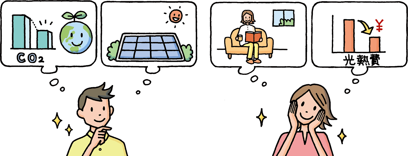 住宅の脱炭素化により得られる効果を例示したイラスト：2人の人物が、CO2の削減や太陽光発電パネル、快適な室内環境、光熱費削減などを思い浮かべています。