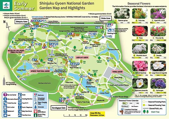 This is a map of what to see in the park in early summer. In addition to seasonal attractions, this map shows the location of various facilities such as stores, restaurants, and restrooms in the Shinjuku Gyoen Garden. The Information Center is located outside the Shinjuku Gate. There are also several rest areas in the park.