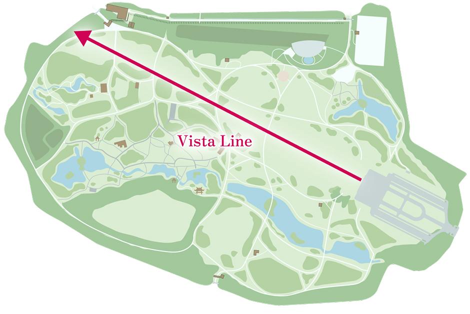 This map illustrates the main vista. Stretching from the Formal Garden in the east, it crosses the vast lawn at the heart of the Landscape Garden,providing an uninterrupted view all the way to the edge of the grounds near the Shinjuku Gate.