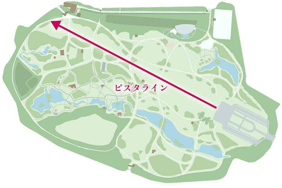 このマップはメインビスタを示しています。メインビスタは、東側の整形式庭園から、風景式庭園の中央に広がる広大な芝生を横切り、新宿門付近の境界まで、遮るもののない壮大な眺望をもたらしています。