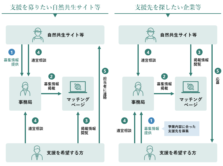 支援を求める自然共生サイト等は求める支援の情報を事務局に提出いただく。支援先を探している企業等は、どのようなサイトを探しているかの情報を事務局に提出いただく。それぞれ提出いただいた情報は本ページに掲載し、それを見た方は事務局宛に、連絡を取りたい旨をご連絡いただく。