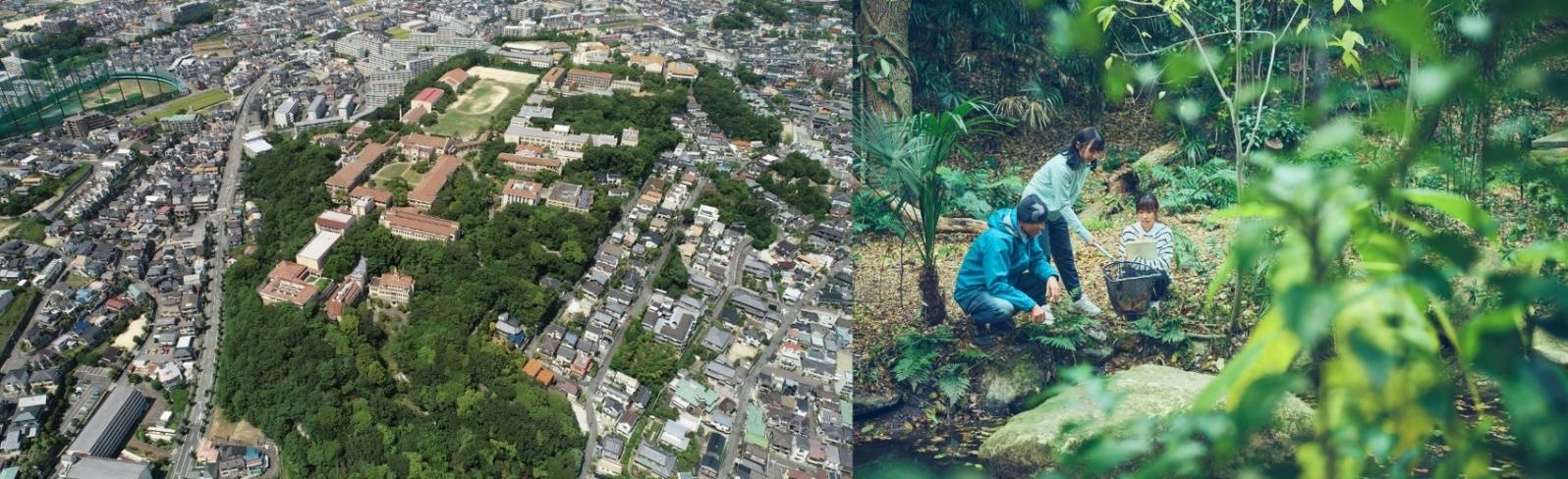 （2枚の写真）広大な森に囲まれたキャンパスを上空から捉えた写真、森の中で採取したものをカゴに集め、ノートに記録をとる三人組