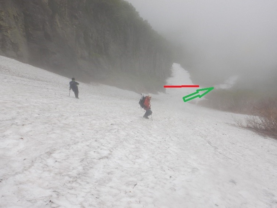 屏風岩の雪渓状況と迷い込み防止ロープ状況