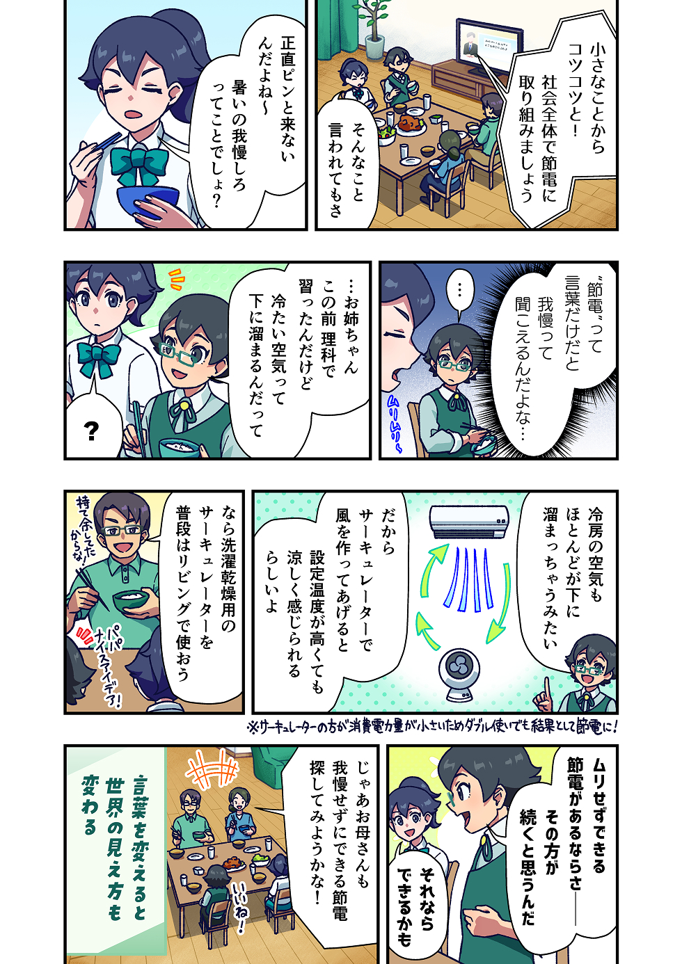 家族がリビングで過ごしている中、テレビから「小さなことからコツコツと、社会全体で節電に取り組みましょう」という番組の音声が流れてきます。

それを聞いた主人公の姉が、少しうんざりした様子で、「正直、ピンとこないんだよね……」とつぶやきます。
暑いのを我慢する話に聞こえてしまうからです。

主人公は、「節電って言葉だけだと、我慢することみたいに聞こえるんだよな……」と考えます。

そこで主人公は、姉に向かって「冷たい空気って、下にたまるんだって」
「だから、冷房をつけるだけじゃなくて、空気を動かすといいんだよ」と、理科で習った知識をもとに話します。

すると父親が会話に加わり、
「洗濯物を乾かすときに使ってるサーキュレーターを置いてみよう」「電気代の節約にもなる」と、節電案を教えます。

主人公は、「無理せずできる節電方法を選んだ方がちゃんと続けられていいんだと思う」と声をかけます。

最後は母親も加わり、「それなら続けられそうね」「家族みんなで工夫すればいいんだね」と、前向きな雰囲気で会話がまとまります。

漫画の最後には、「言葉を変えると、世界の見え方も変わる」というメッセージが添えられています。