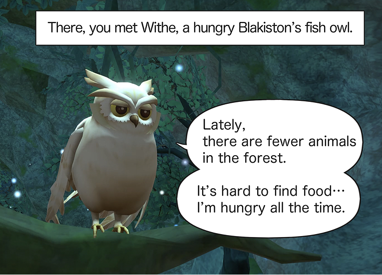 There, you met Withe, a hungry Blakiston’s fish owl.
“Lately, there are fewer animals in the forest.
 It’s hard to find food…
 I’m hungry all the time.”