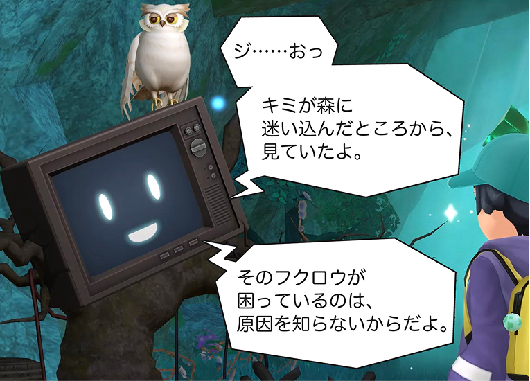 9コマ目
テレビ
「ジ……おっ。君が森に迷い込んだところから、見ていたよ。」