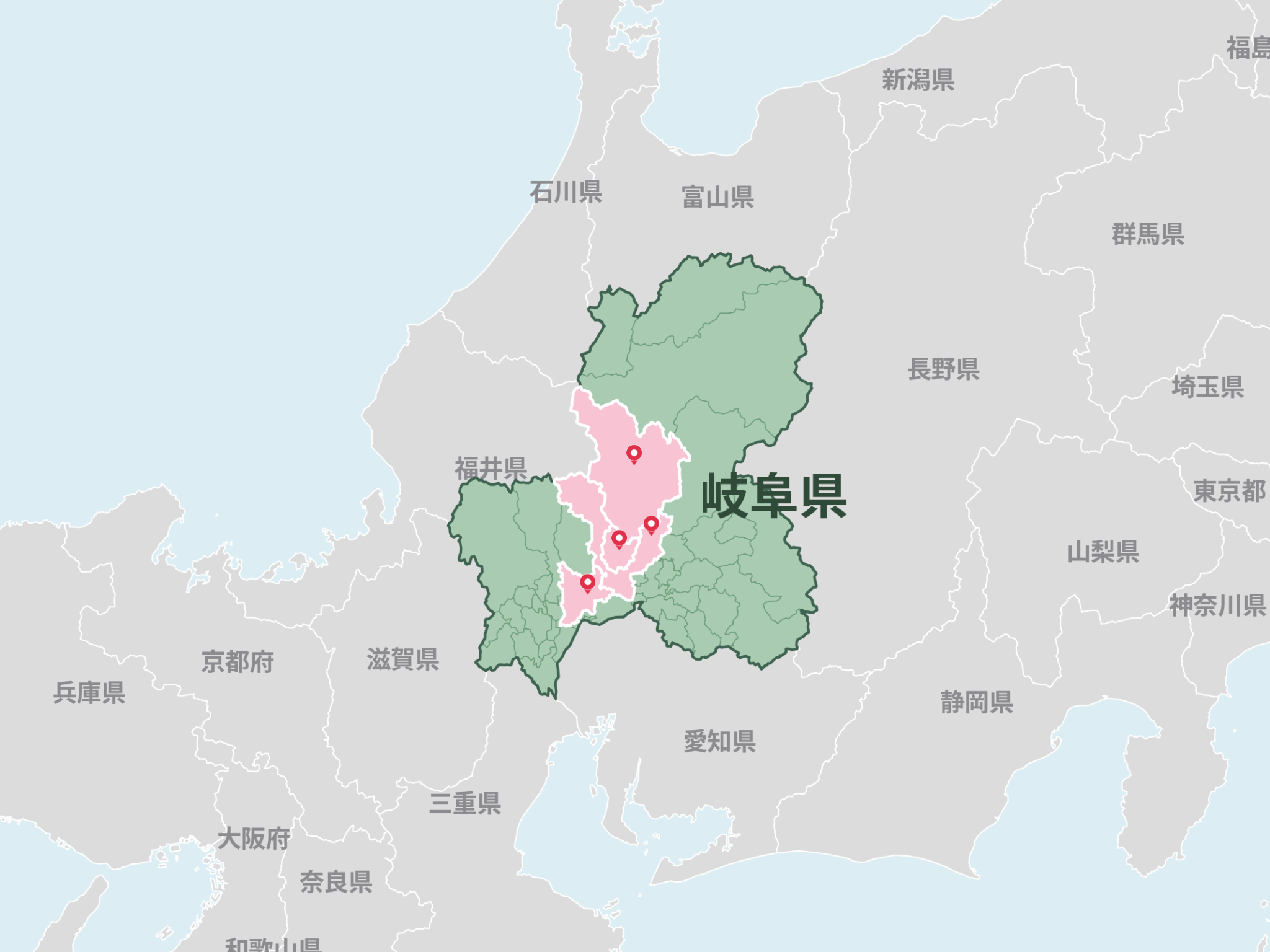 岐阜県郡上市・美濃市・関市・岐阜市の位置を示す地図