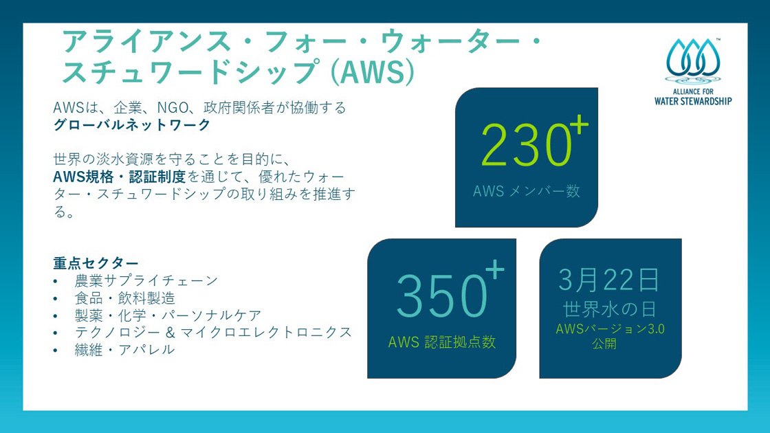 AWSは、企業、NGO、政府関係者が協働するグローバルネットワーク。世界の淡水資源を守ることを目的に、AWS規格・認証制度を通じて、優れたウォーター・スチュワードシップの取り組みを推進する。